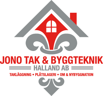 Logotyp för Jono Tak & Byggteknik Halland AB med ett stiliserat hustak och fönster i rött och grått, med svensk text som nämner takläggning, plåtarbeten och byggnation.