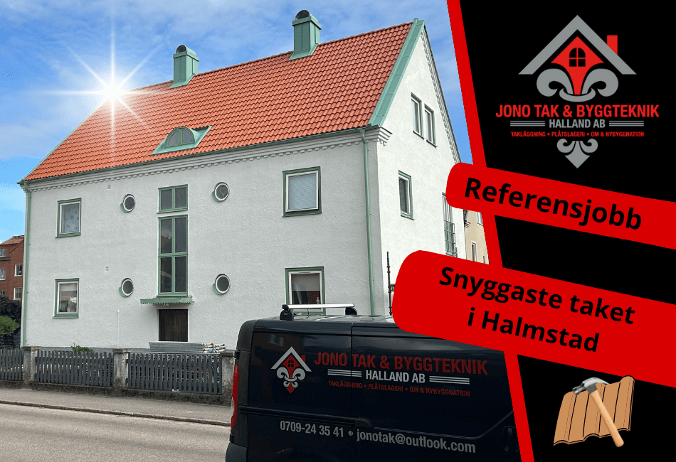 Ett vitt tvåvåningshus med rött tegeltak och gröna fönsterkarmar visas. En svart skåpbil med Jono Tak & Byggtekniks logotyp står parkerad framför och visar upp Takläggare Halmstad och ett uppmärksammat takjobb i Halmstad.