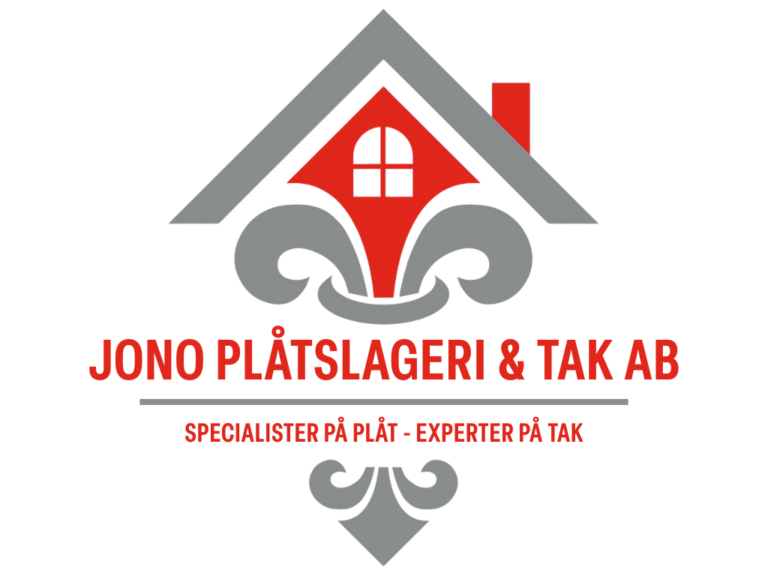 Logotyp för "Jono Plåtslageri & Tak AB" föreställande ett stiliserat hus med fönster och grått tak ovanför dekorativa grå och röda element. Texten nedanför lyder "Specialister på plåt - Experter på tak.".