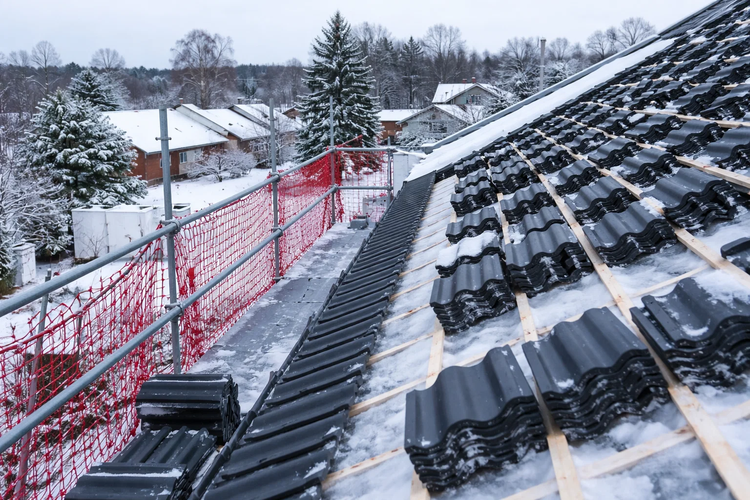 Ett delvis byggt sluttande tak med svarta takpannor håller på att läggas, omgivet av byggnadsställningar och röda skyddsnät. Snö täcker taket, byggnadsställningarna och närliggande hus och träd, vilket tyder på vinterförhållanden.
